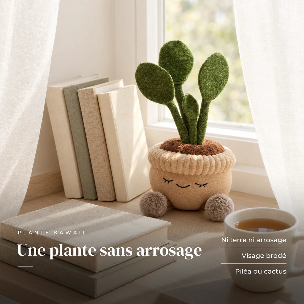 Peluche kawaii plante en pot rond mise en situation dans une pièce lumineuse. Une plante sans arrosage : ni terre ni arrosage, visage brodé, piléa ou cactus