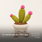 Peluche kawaii plante en pot rond modèle cactus sur fond crème, en studio. Le cactus qui ne pique pas : fleurs en pompon, tissu rembourré, tous âges