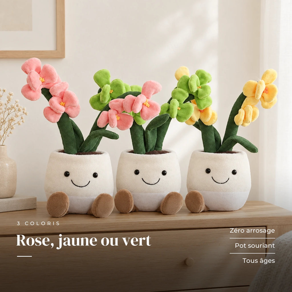 Peluche plante kawaii orchidée douce et colorée posée sur une console en bois clair. Rose, jaune ou vert : zéro arrosage, pot souriant, tous âges