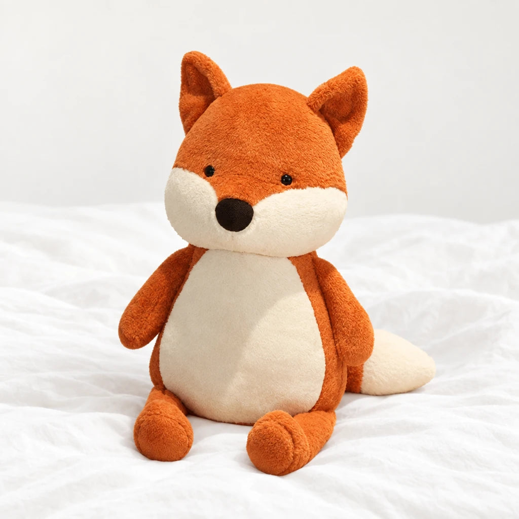 Peluche renard assis tout doux posée sur un lit blanc, en pleine lumière