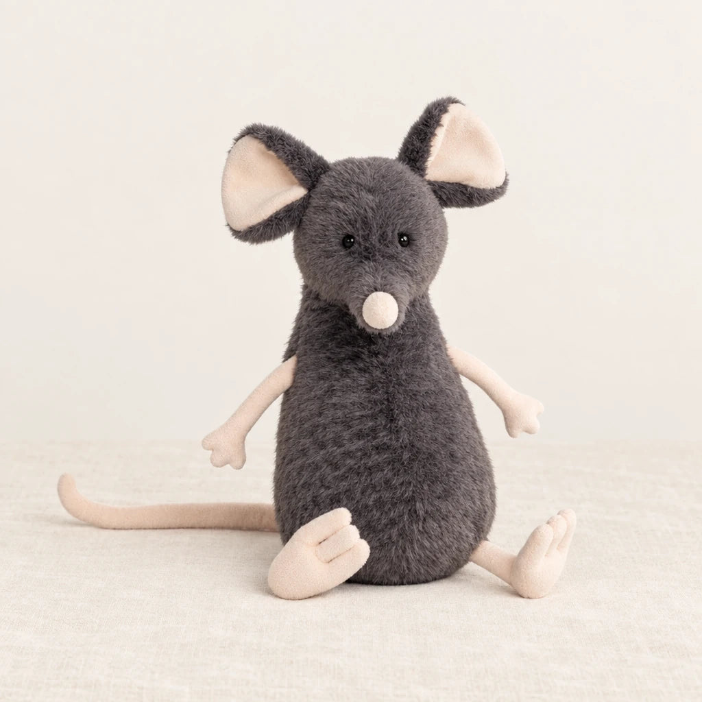 Peluche souris grise exploratrice modèle sans accessoires sur fond crème, en studio