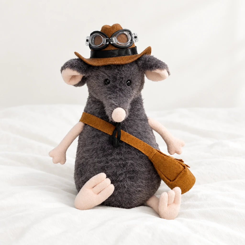 Peluche souris grise exploratrice posée sur un lit blanc, en pleine lumière