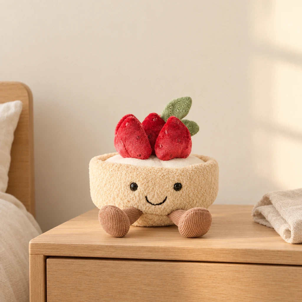 Peluche tarte fraise gourmande kawaii posée sur une table de chevet en bois clair