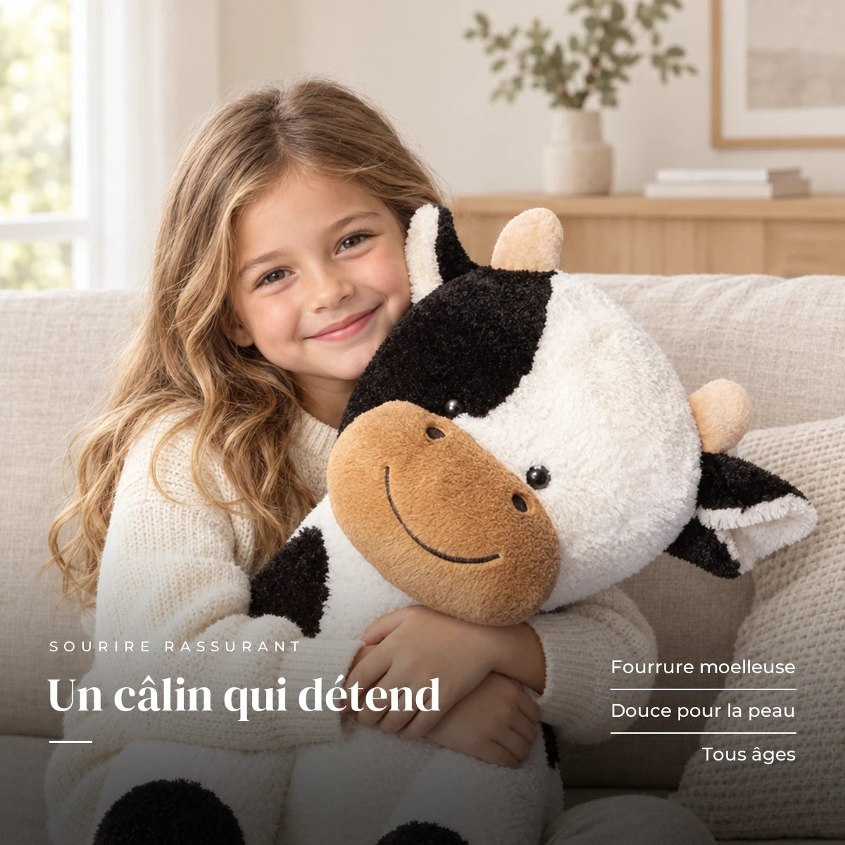 Peluche vache au sourire doux avec un enfant dans une chambre lumineuse. Un câlin qui détend : fourrure moelleuse, douce pour la peau, tous âges