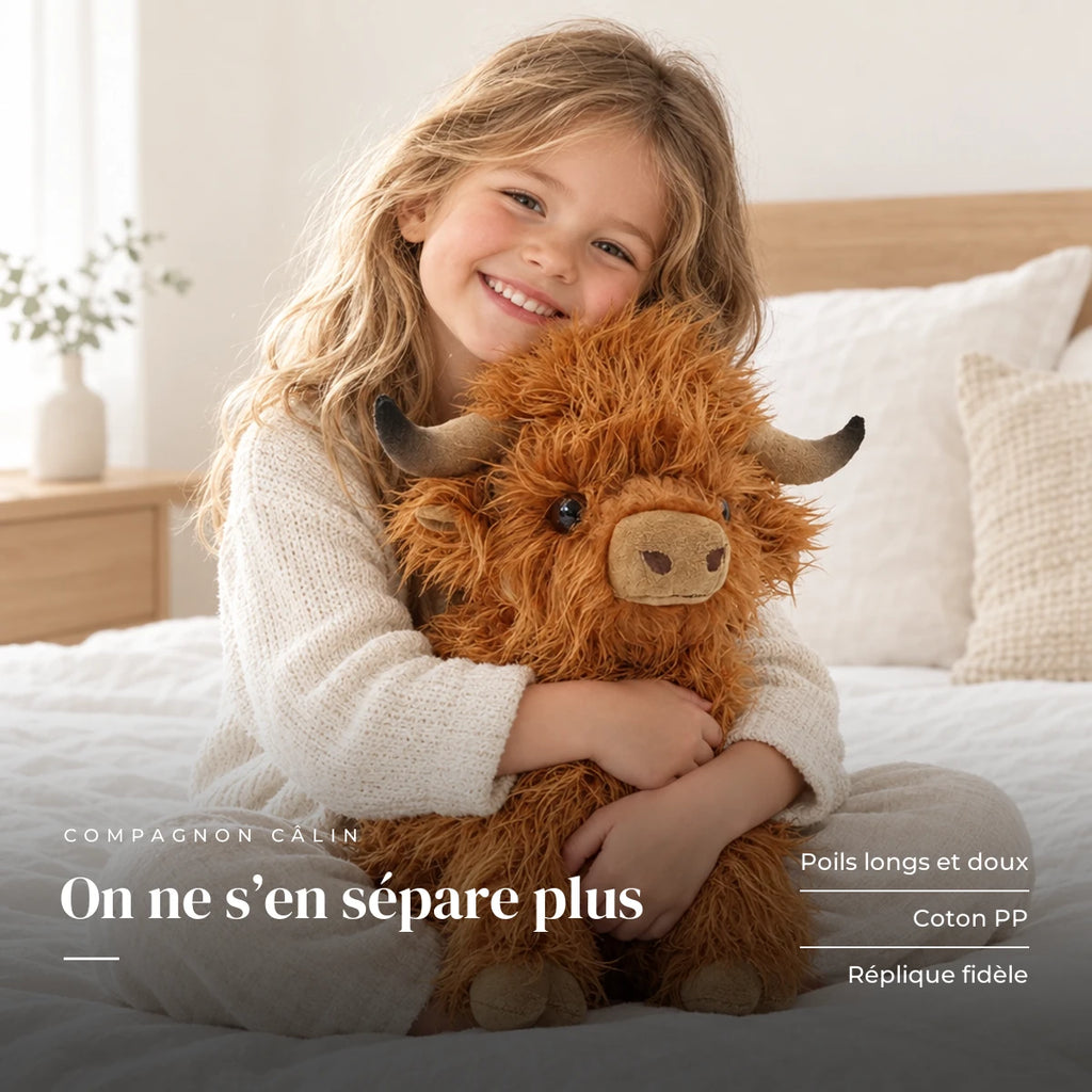 Peluche vache Highland à poils longs avec un enfant dans une chambre lumineuse. On ne s’en sépare plus : poils longs et doux, coton PP, réplique fidèle