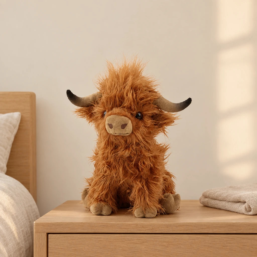 Peluche vache Highland à poils longs marron posée sur une table de chevet en bois clair