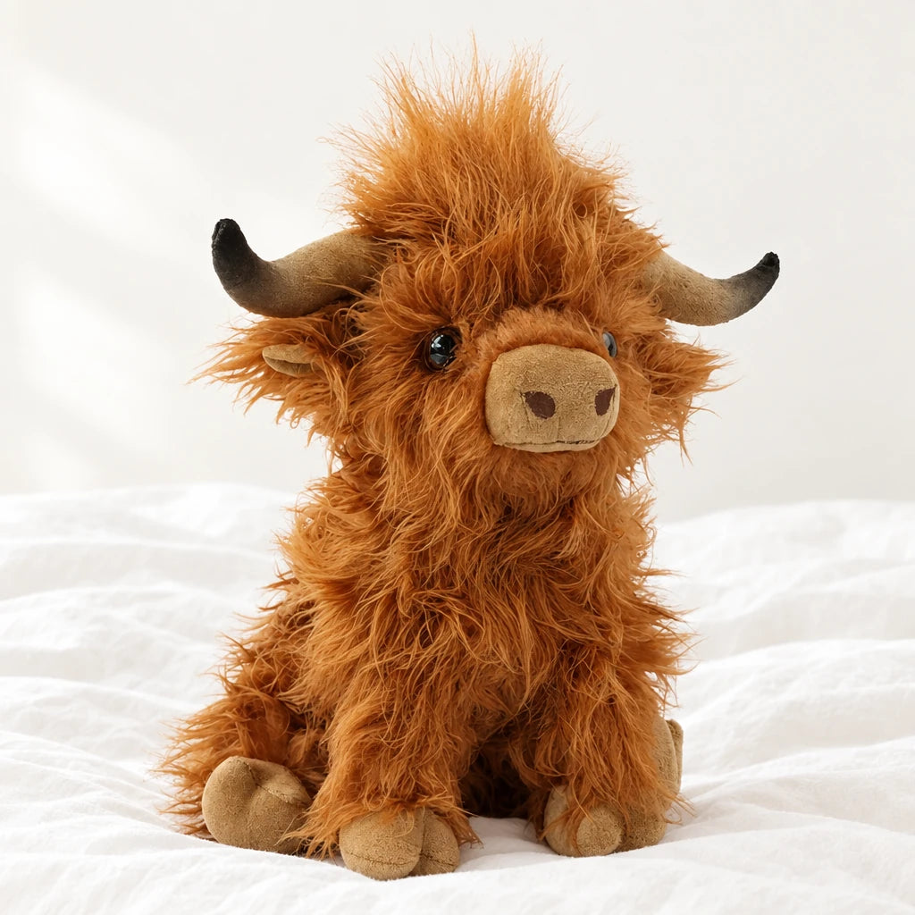 Peluche vache Highland à poils longs posée sur un lit blanc, en pleine lumière