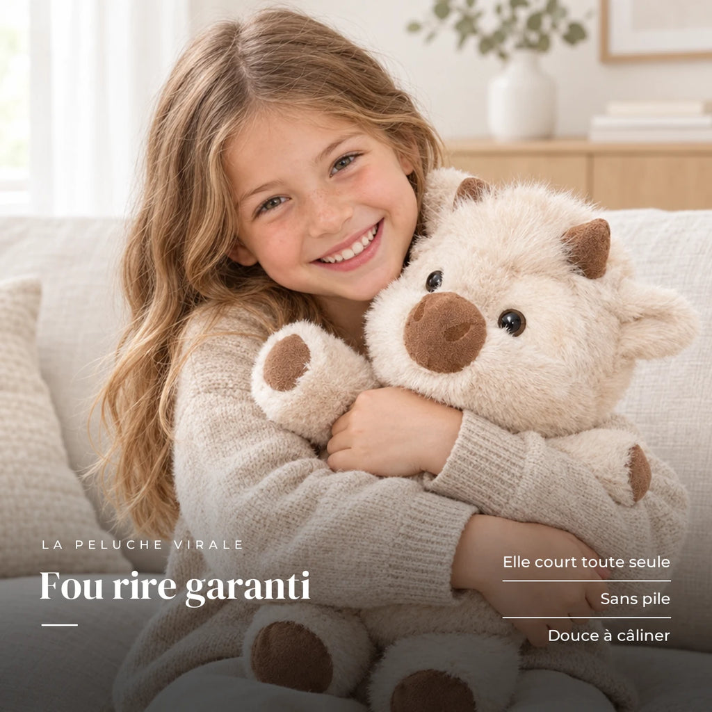 Peluche vache originale qui court avec un enfant dans une chambre lumineuse. Fou rire garanti : elle court toute seule, sans pile, douce à câliner
