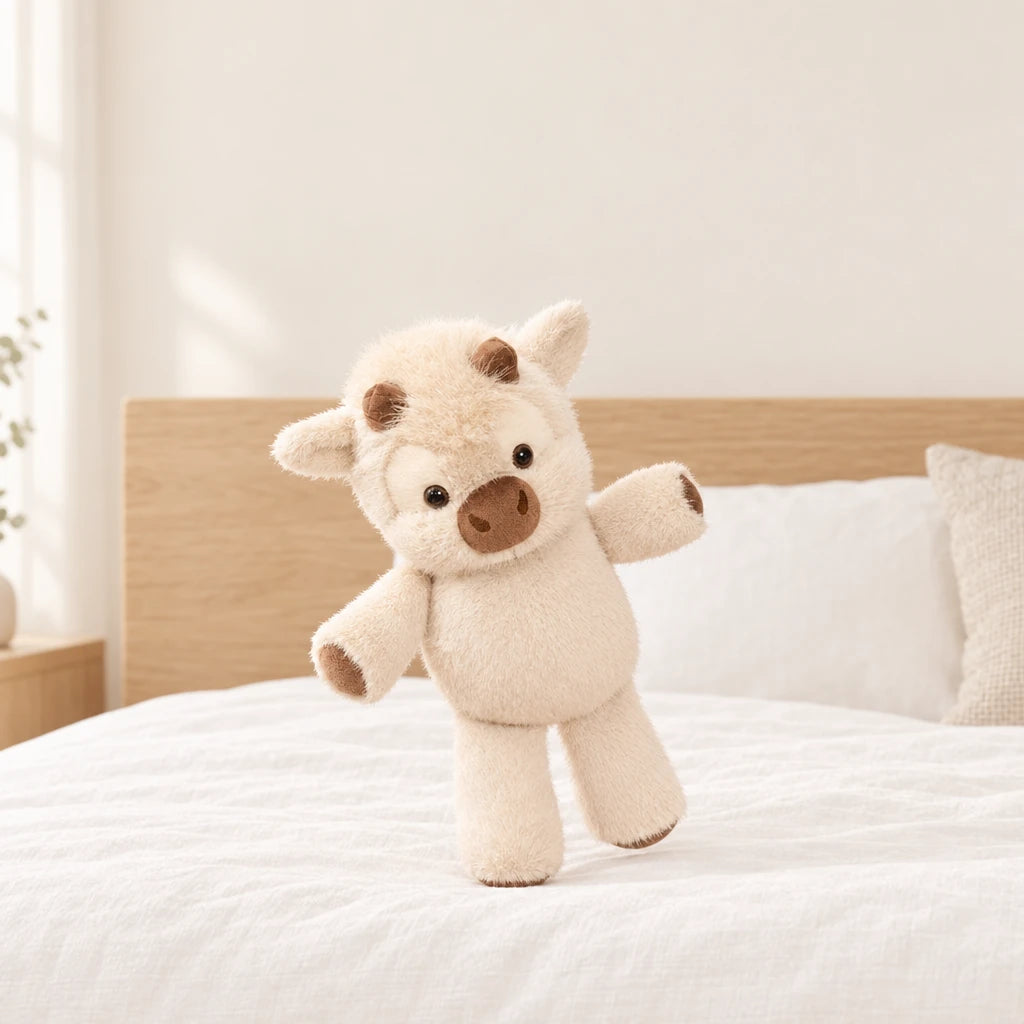 Peluche vache originale qui court beige posée sur un lit en lin blanc