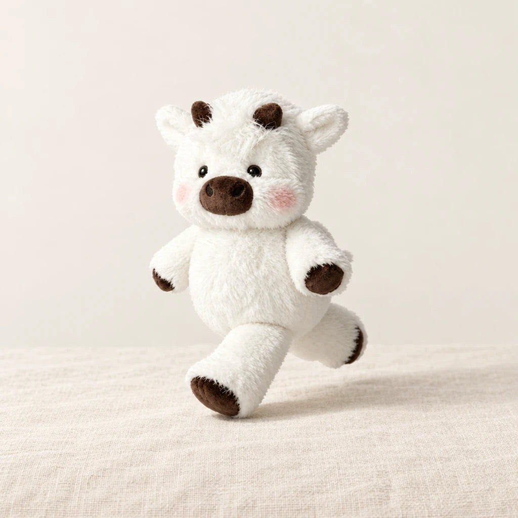 Peluche vache originale qui court blanche sur fond crème, en studio