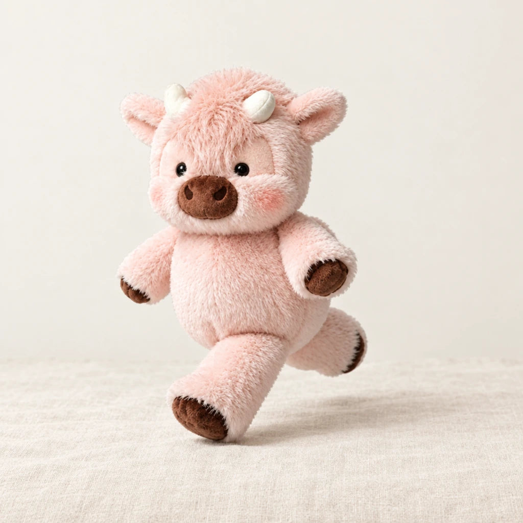 Peluche vache originale qui court rose sur fond crème, en studio