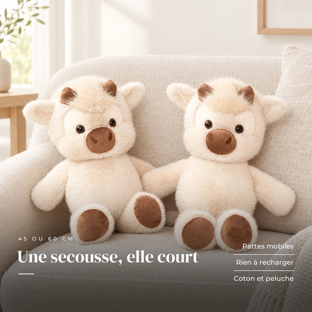 Peluche vache originale qui court installée sur un canapé en lin. Une secousse, elle court : pattes mobiles, rien à recharger, coton et peluche