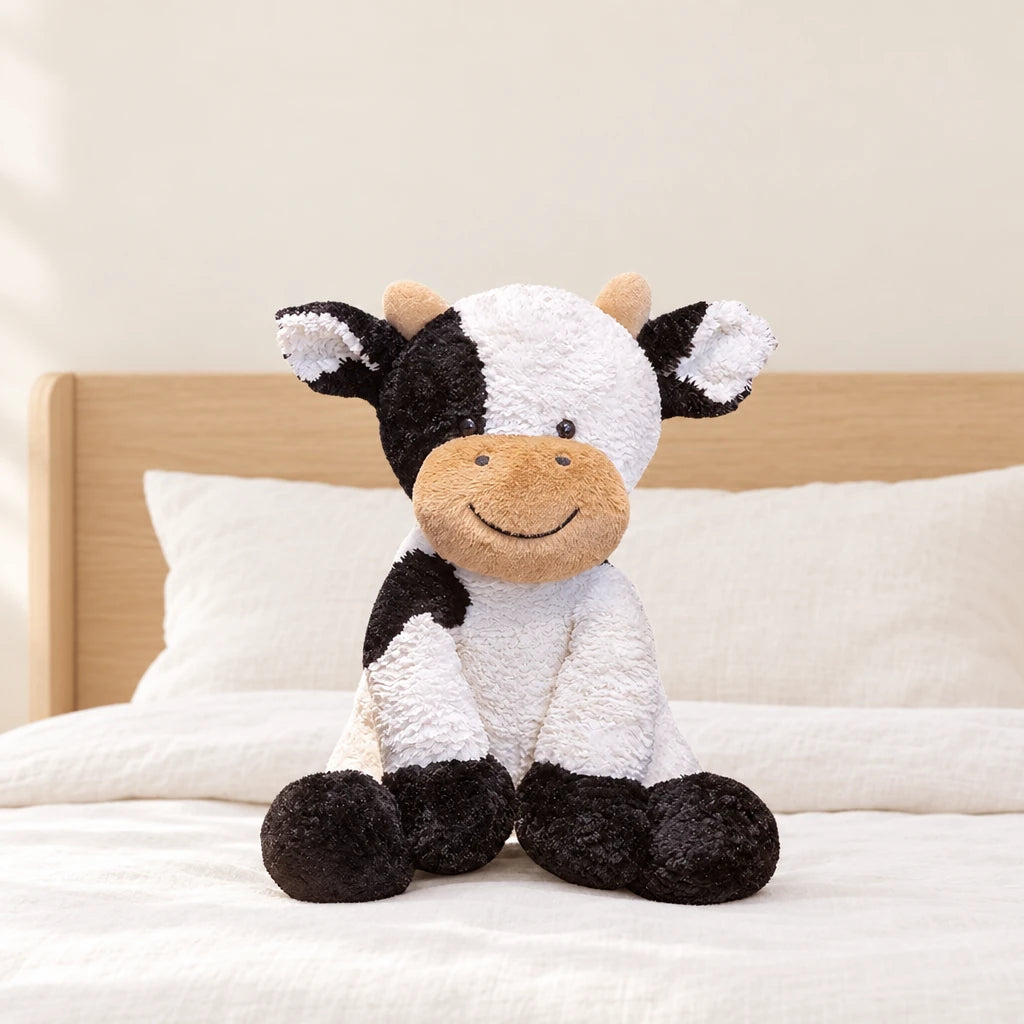 Peluche vache au sourire doux posée sur un lit en lin blanc