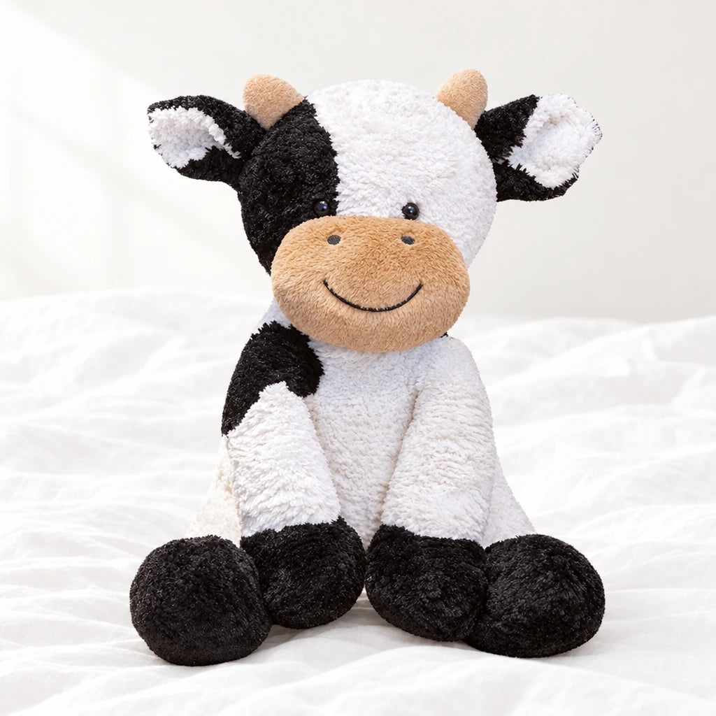 Peluche vache au sourire doux posée sur un lit blanc, en pleine lumière