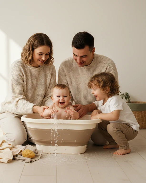 Une maman et un papa donnent le bain à leur bébé dans une baignoire pliable, le grand frère à côté