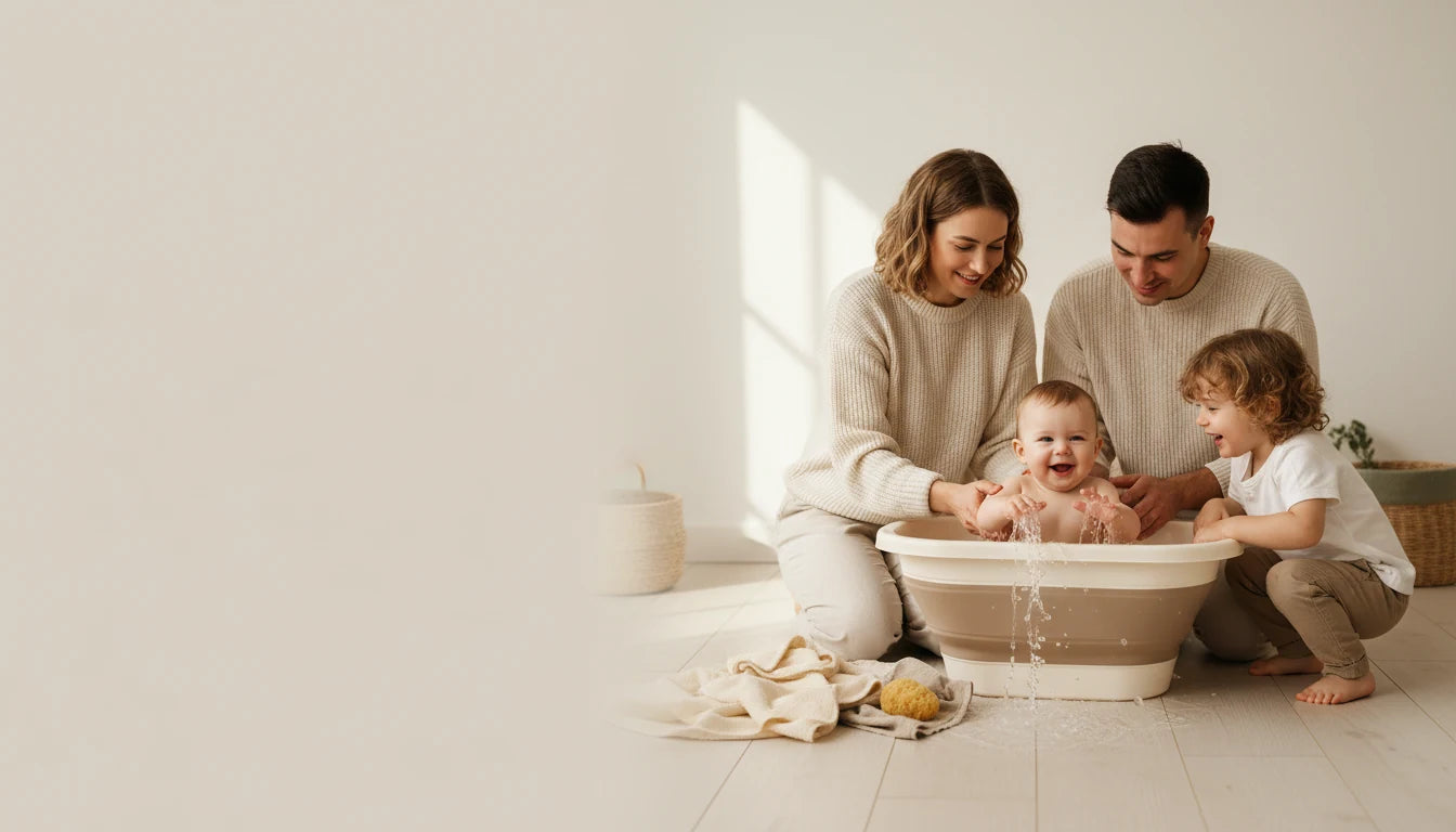 Une maman et un papa donnent le bain à leur bébé dans une baignoire pliable, le grand frère à côté