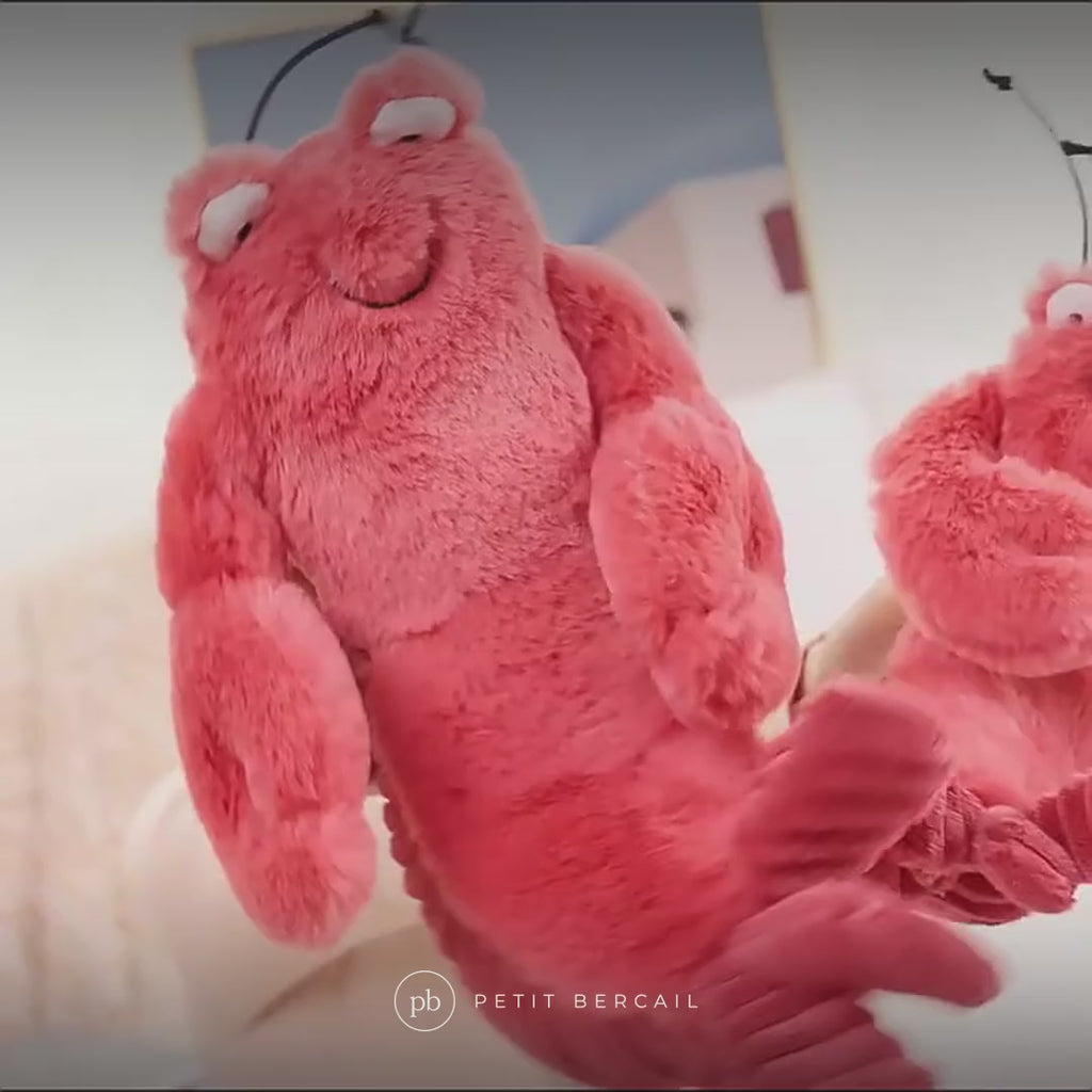Peluche homard en vidéo : antennes souples et queue côtelée