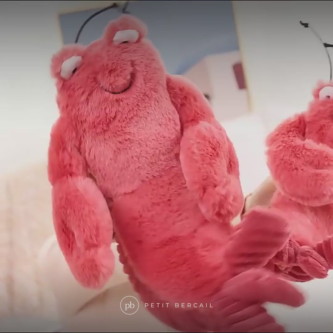 Peluche homard en vidéo : antennes souples et queue côtelée