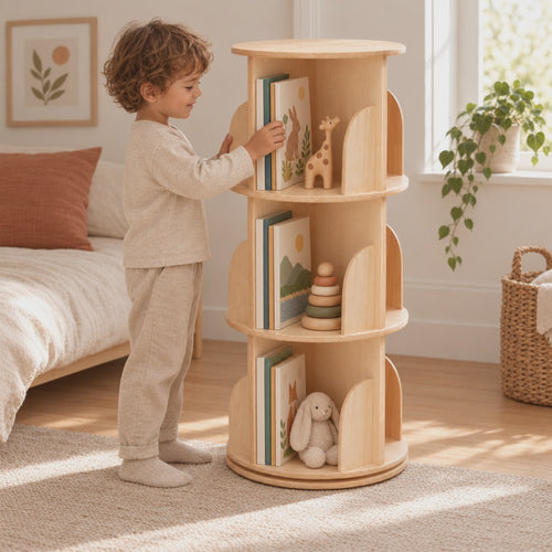 Vidéo de la bibliothèque enfant tournante en bois naturel 3 étages