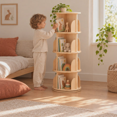 Vidéo de la bibliothèque enfant tournante en bois naturel 4 étages