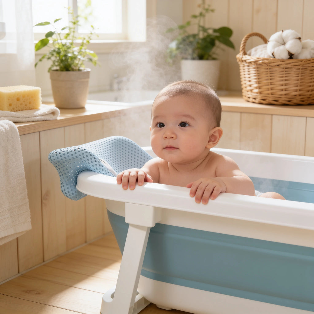 Support de bain bébé filet Galet en situation dans la salle de bain, ambiance cosy