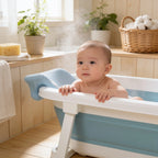 Support de bain bébé filet Galet en situation dans la salle de bain, ambiance cosy