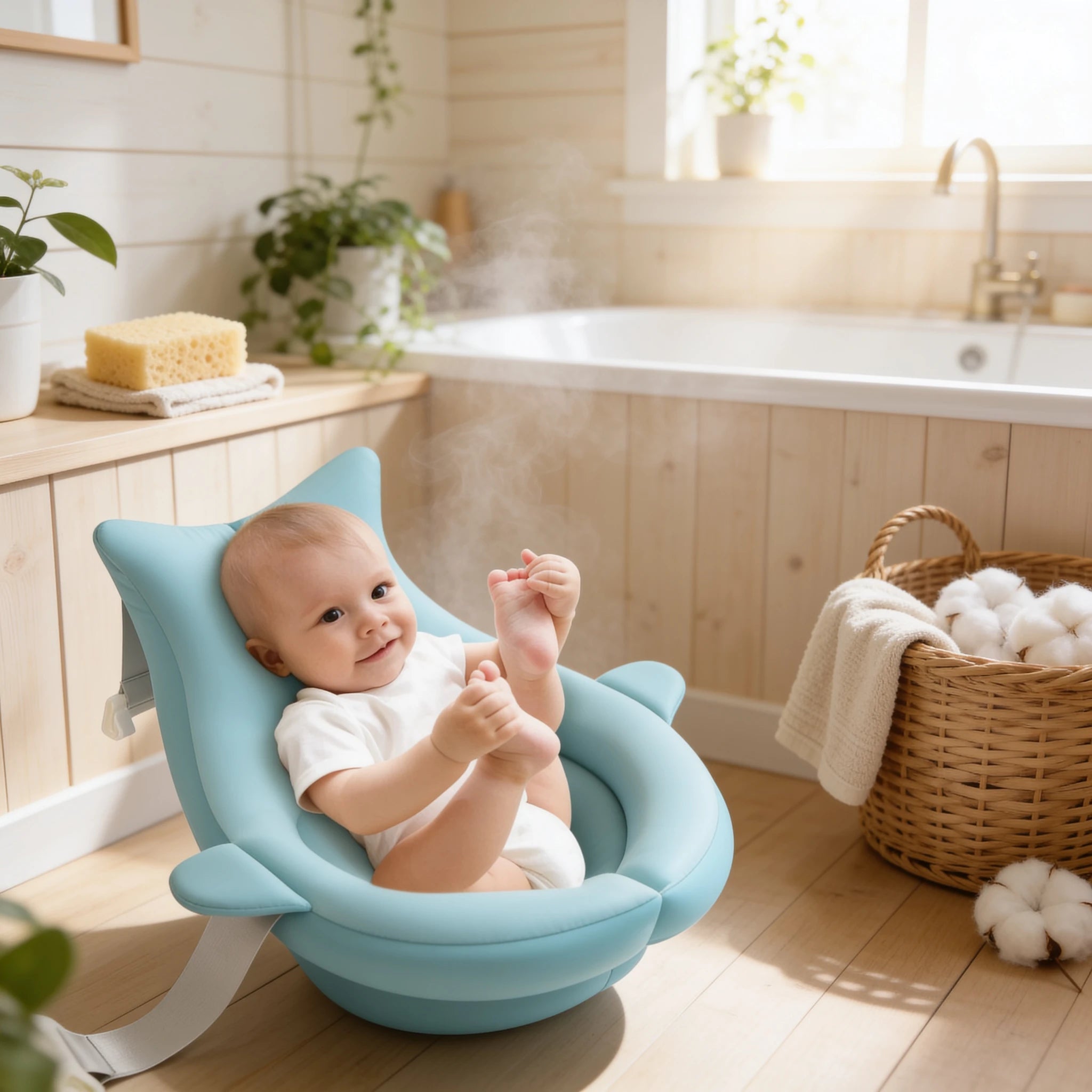 Coussin de baignoire bébé ergonomique Galet en situation dans la salle de bain, ambiance cosy