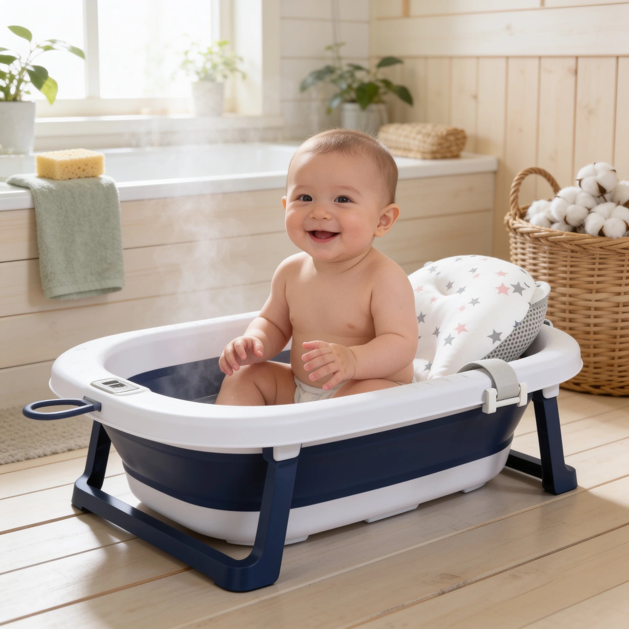 Baignoire bébé pliable tout confort Doudou en situation dans la salle de bain, ambiance cosy
