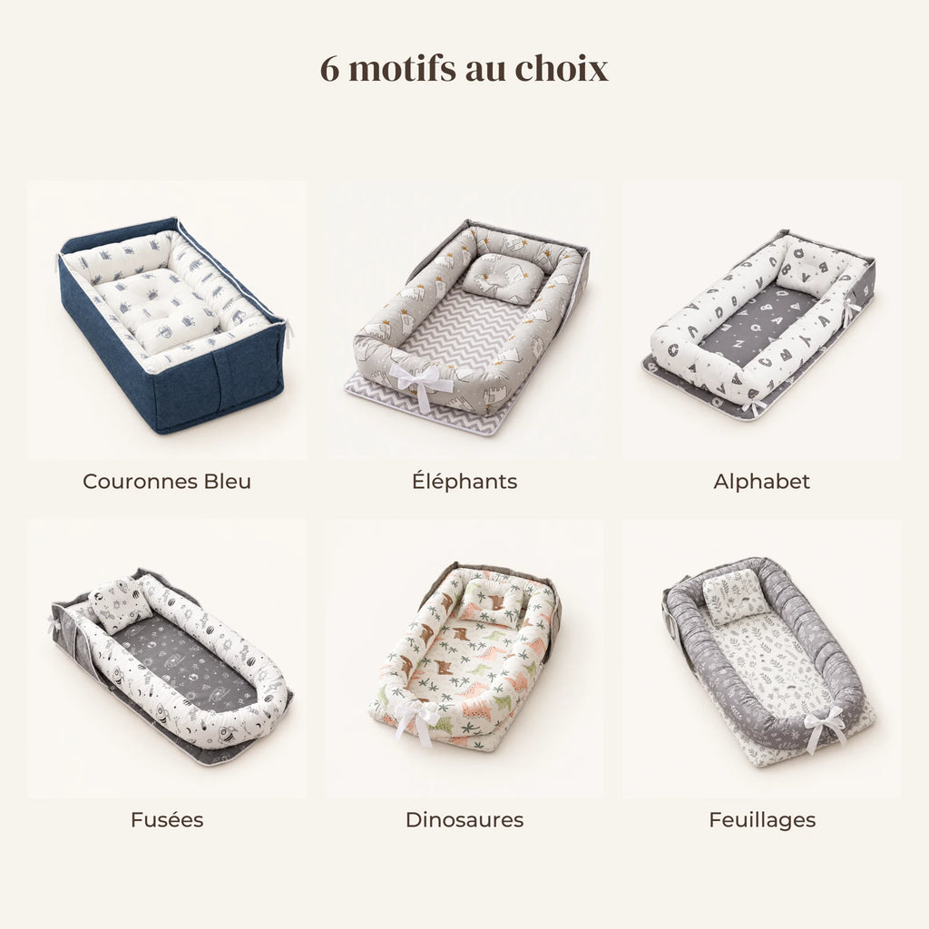 Réducteur de lit - Cocon Nomade : les 6 motifs disponibles, couronnes bleu, éléphants, alphabet, fusées, dinosaures, feuillages