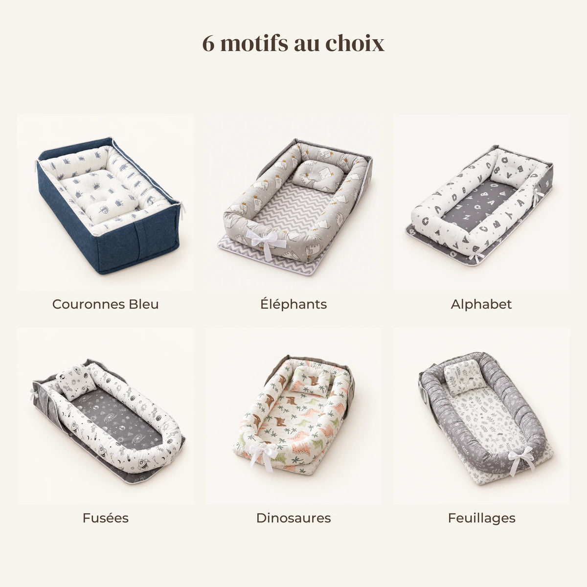 Réducteur de lit - Cocon Nomade : les 6 motifs disponibles, couronnes bleu, éléphants, alphabet, fusées, dinosaures, feuillages