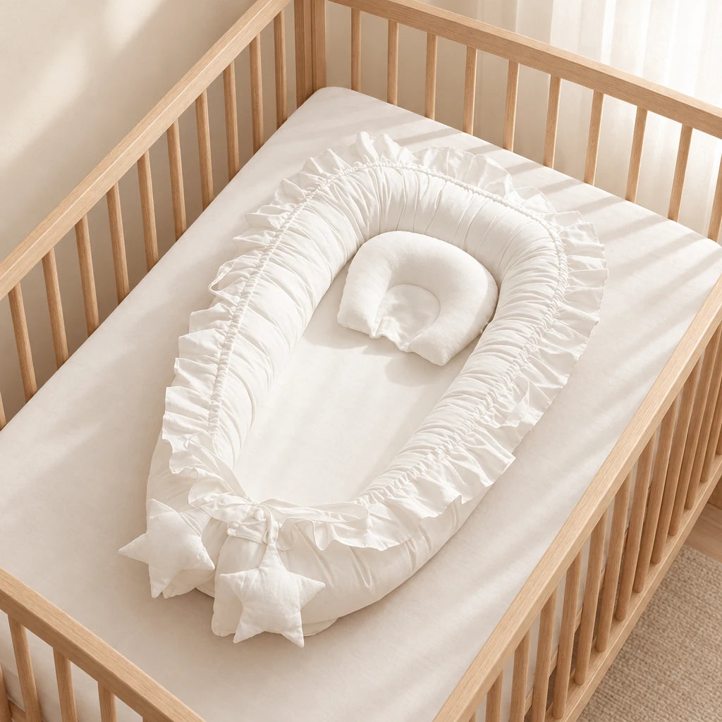 Réducteur de lit - Cocoon posé à plat dans un lit à barreaux en bois