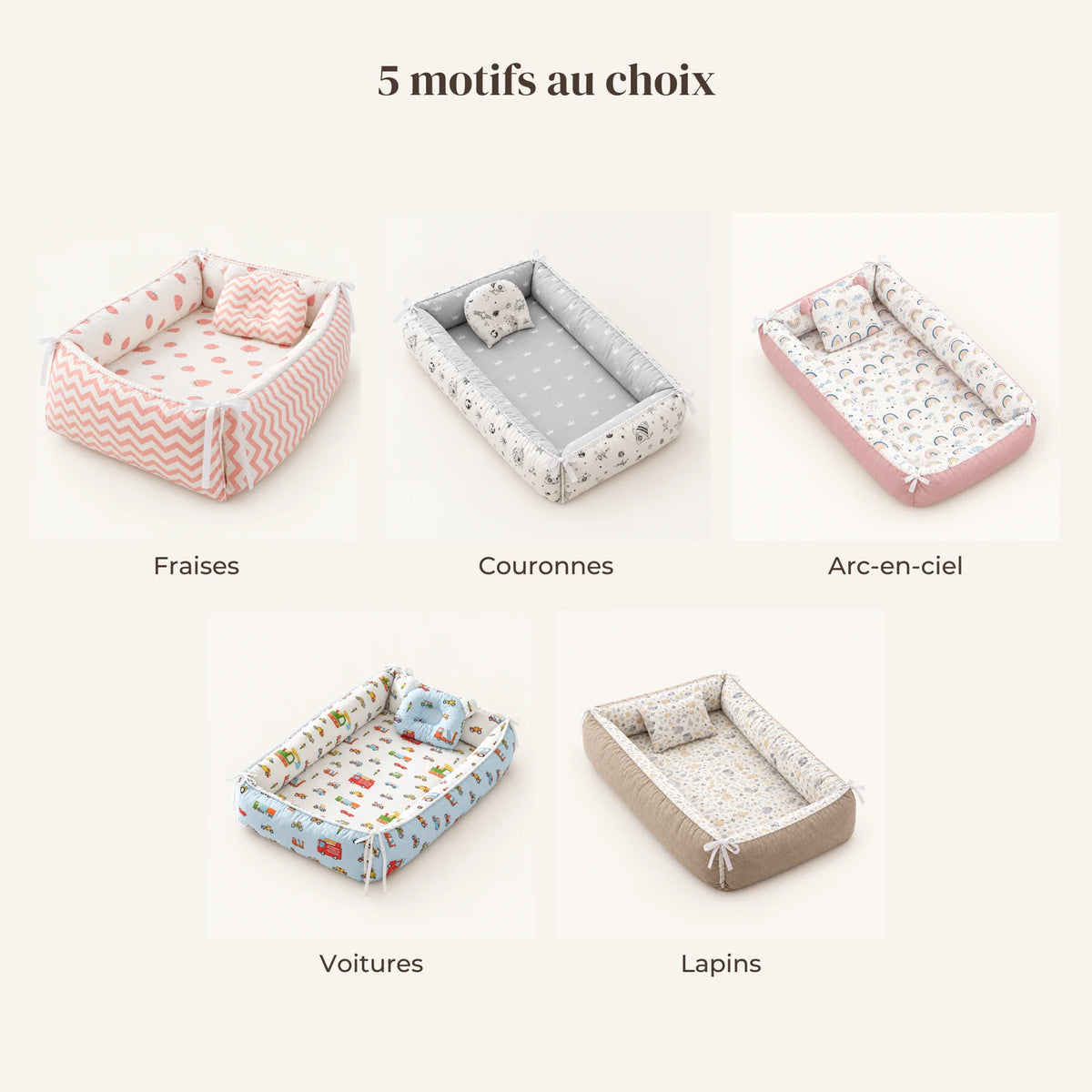 Réducteur de lit - Cozy : les 5 motifs disponibles, fraises, couronnes, arc-en-ciel, voitures, lapins