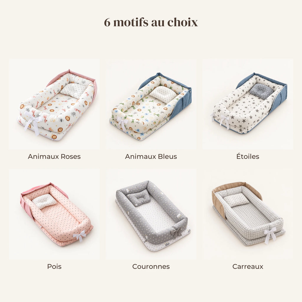 Réducteur De Lit - Douceur Animale : les 6 motifs disponibles, animaux roses, animaux bleus, étoiles, pois, couronnes, carreaux
