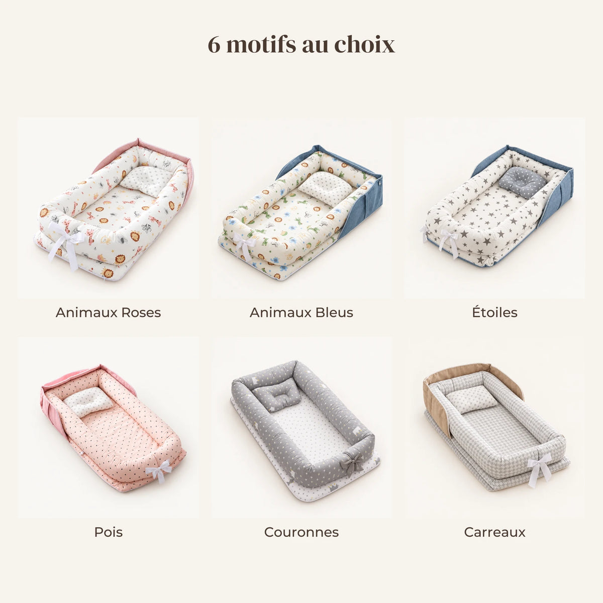 Réducteur De Lit - Douceur Animale : les 6 motifs disponibles, animaux roses, animaux bleus, étoiles, pois, couronnes, carreaux