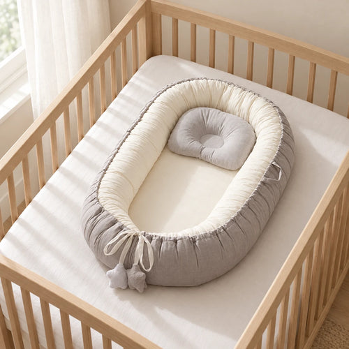 Réducteur de lit - DreamNest posé à plat dans un lit à barreaux en bois