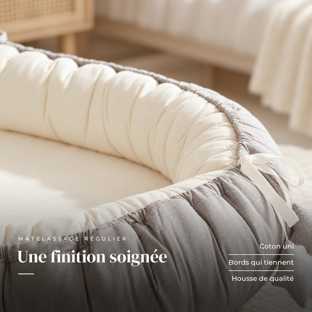 Gros plan sur le tissu et les finitions : Réducteur de lit - DreamNest
