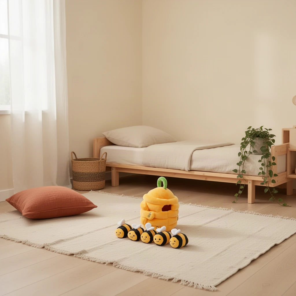 Ruche Montessori pour bébés dans une chambre Montessori, vue d’ensemble