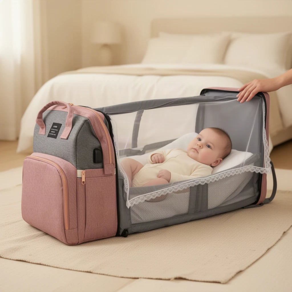 Sac à dos à langer 3 en 1 avec couchette et port USB couchette dépliée, bébé allongé