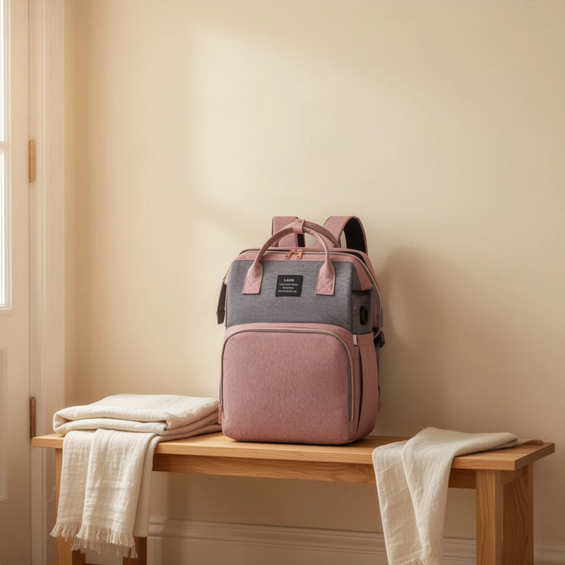 Sac à dos à langer 3 en 1 avec couchette et port USB posé sur un banc dans une entrée