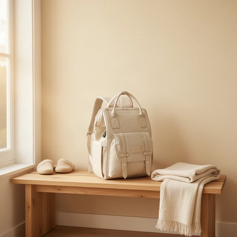 Sac à dos à langer avec port USB et poche isotherme posé sur un banc dans une entrée