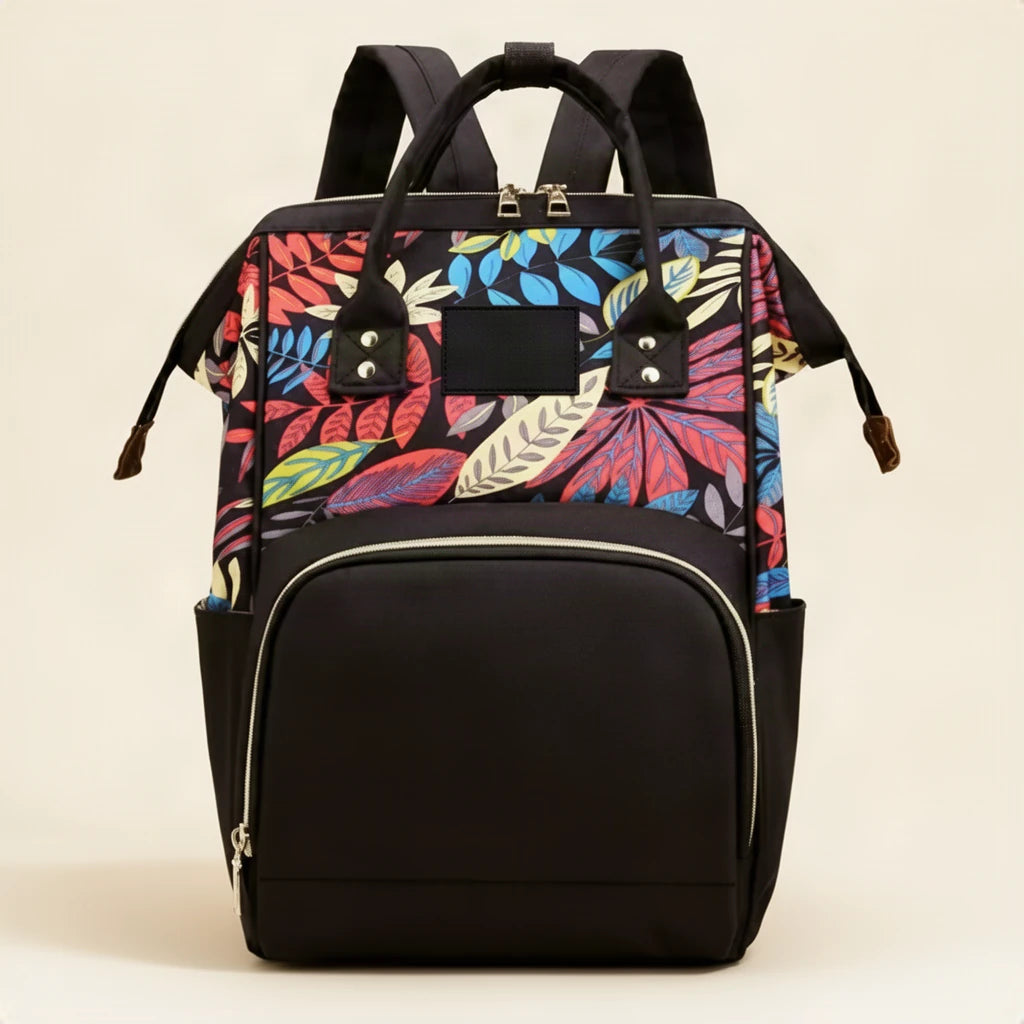 Sac à dos à langer bicolore imprimé feuillage, couleur noir