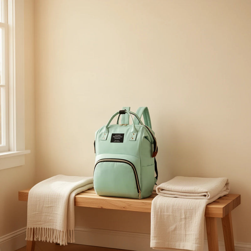 Sac à dos à langer compact avec poches isothermes posé sur un banc dans une entrée