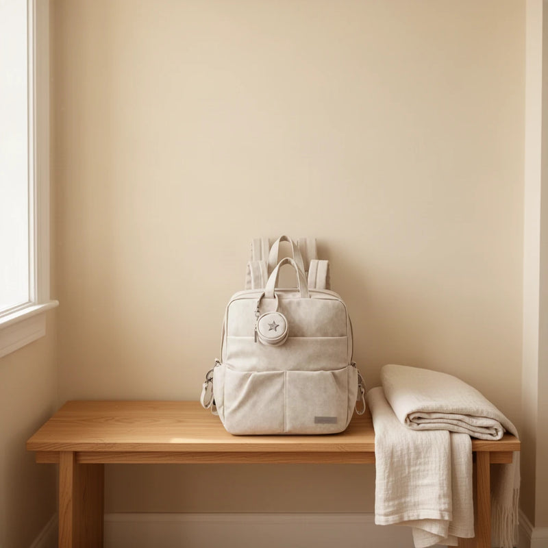 Sac à dos à langer déperlant avec compartiment humide posé sur un banc dans une entrée