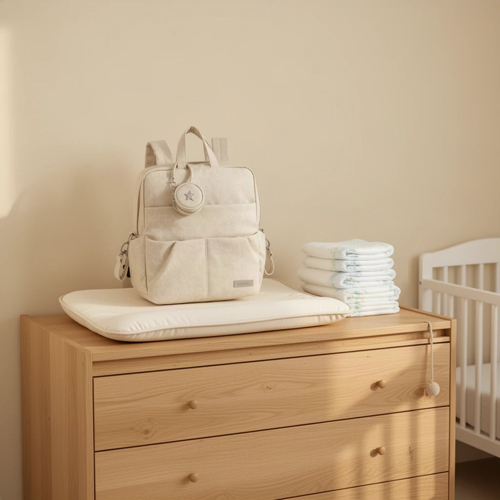 Sac à dos à langer déperlant avec compartiment humide posé sur une commode à langer