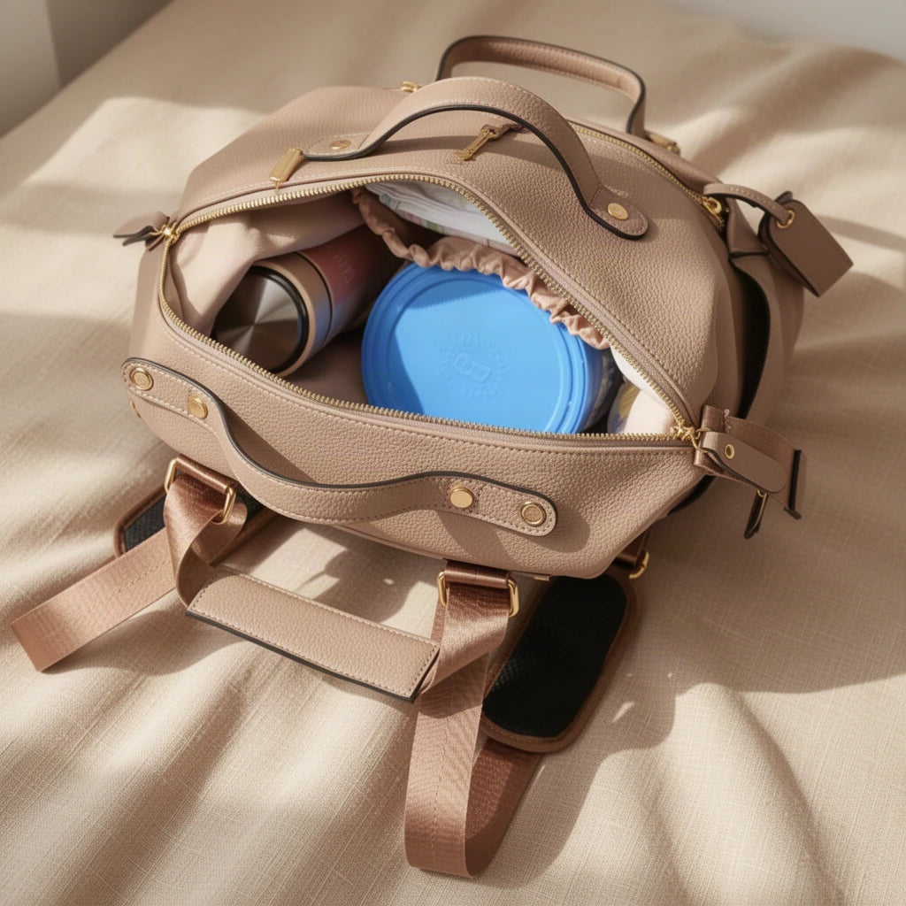 Sac à dos à langer en simili cuir avec matelas et pochette ouvert, vu de dessus