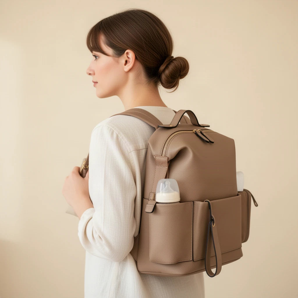 Sac à dos à langer en simili cuir avec matelas et pochette porté sur le dos, vu de profil