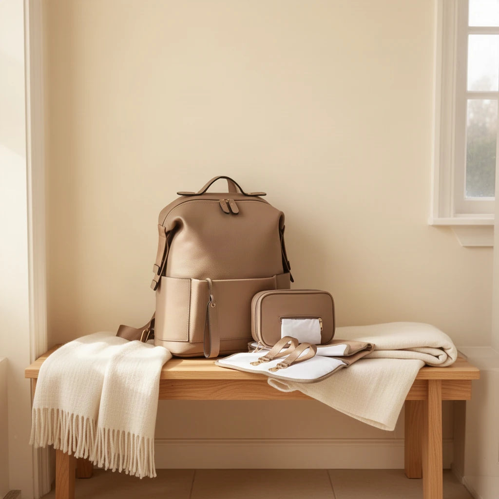 Sac à dos à langer en simili cuir avec matelas et pochette posé sur un banc dans une entrée