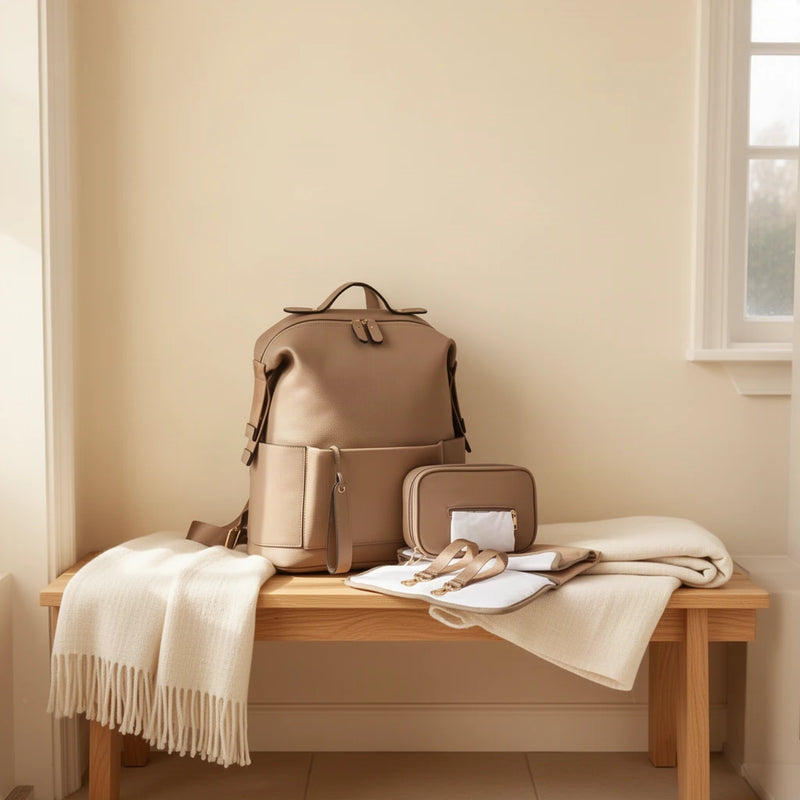 Sac à dos à langer en simili cuir avec matelas et pochette posé sur un banc dans une entrée