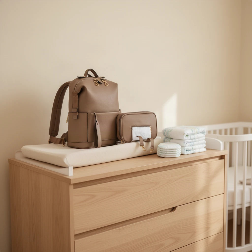 Sac à dos à langer en simili cuir avec matelas et pochette posé sur une commode à langer