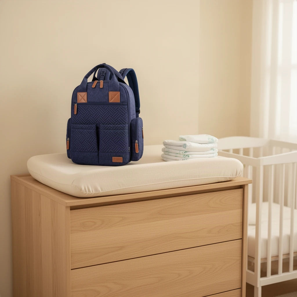 Sac à dos à langer imperméable avec poche isotherme posé sur une commode à langer